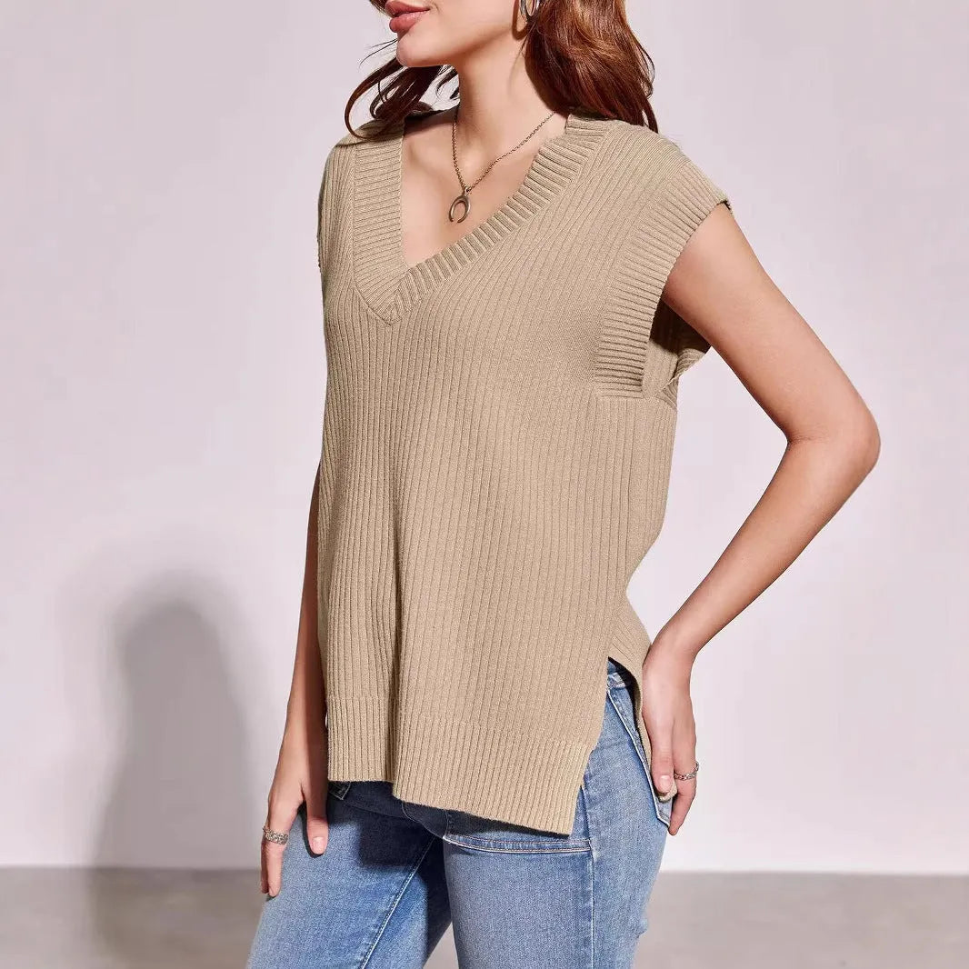 Women's V-neck sleeveless pullover vest in thin viscose fibre fabric, camel colour, loose casual fit