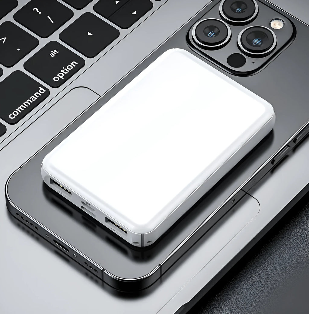 Black and white electric heating vest power bank with USB port showing compact size.