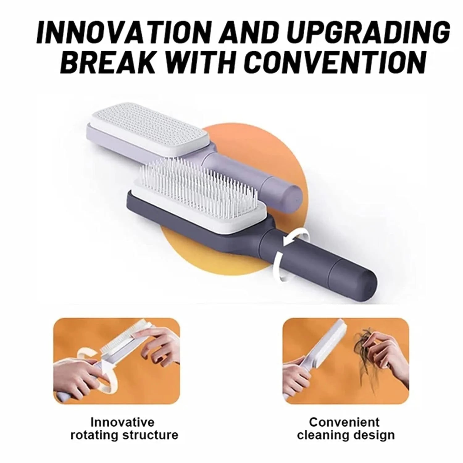 Roland purple self-cleaning hair brush with ergonomic handle showing rotating mechanism.
