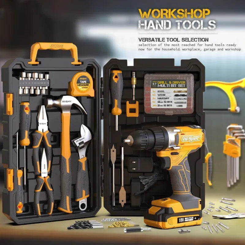 Grey-yellow 82-piece chrome-vanadium steel tool combo set for furniture installation in a case