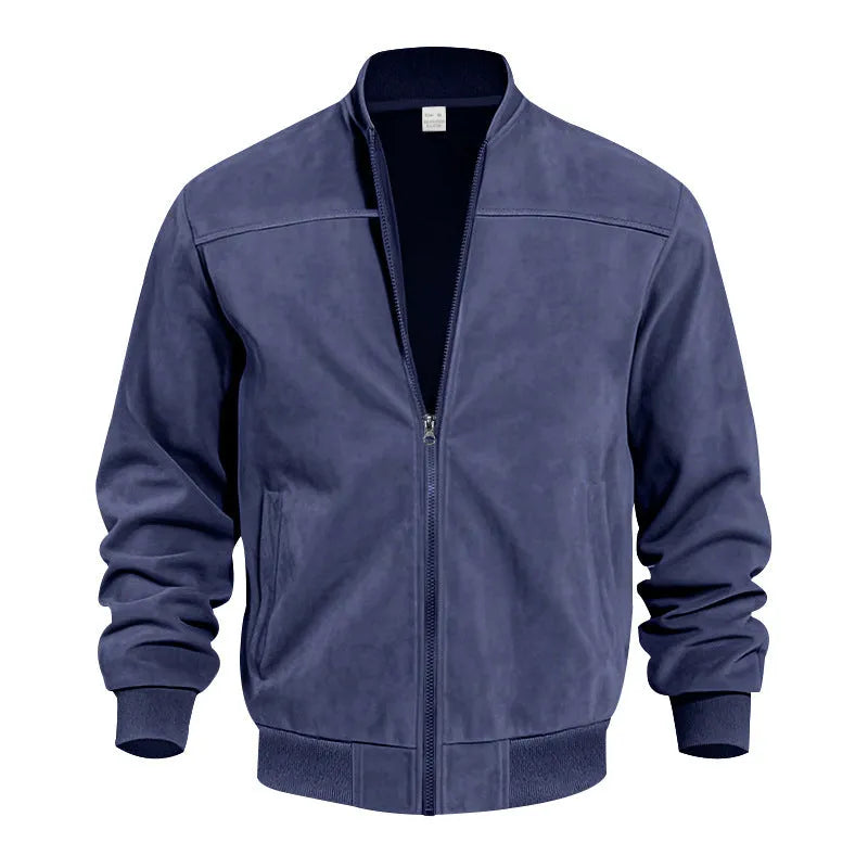Men's plus size suede zip-up jacket in Army Green colour on a hanger.