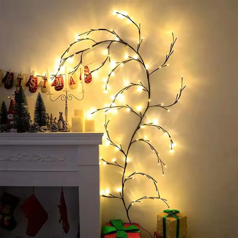 Flexible Christmas vine garland with warm white LED lights and birch bark texture bent into decorative shape
