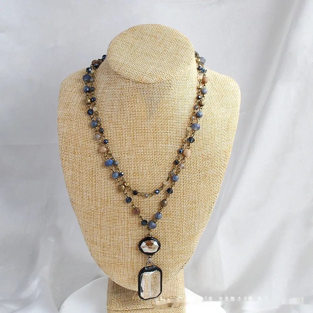Two-layer tribal necklace with stone and glass pendant on adjustable alloy chain