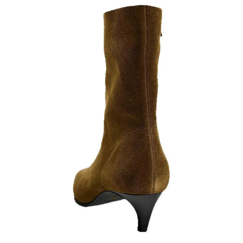 Brown square toe high heel ankle boot with side zipper and waterproof platform sole
