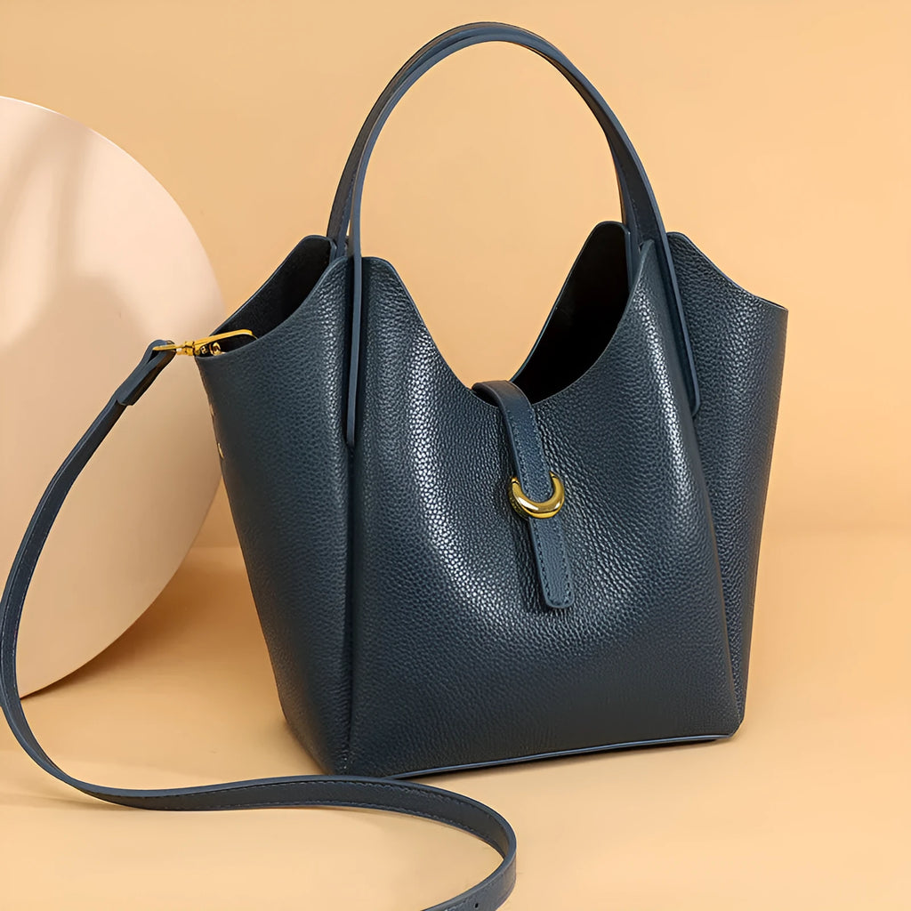 Women's genuine leather retro bucket bag with file compartment in lake blue colour