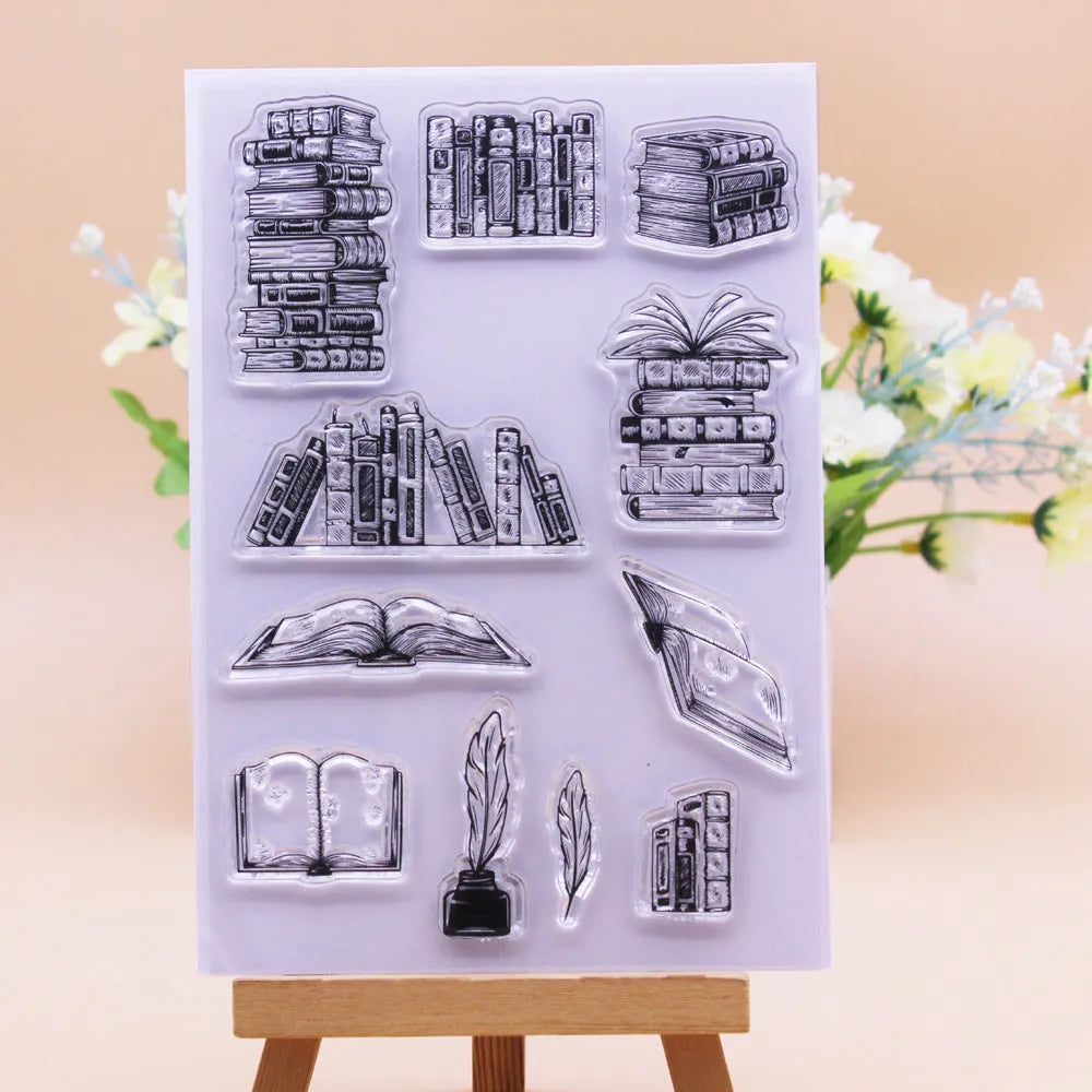 Large transparent silicone craft stamp with self-adhesive backing on a white background.