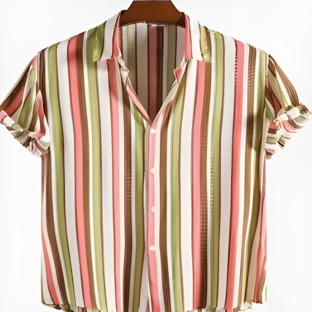 Man wearing a Colour 1 digital printed short sleeve polyester shirt for summer.