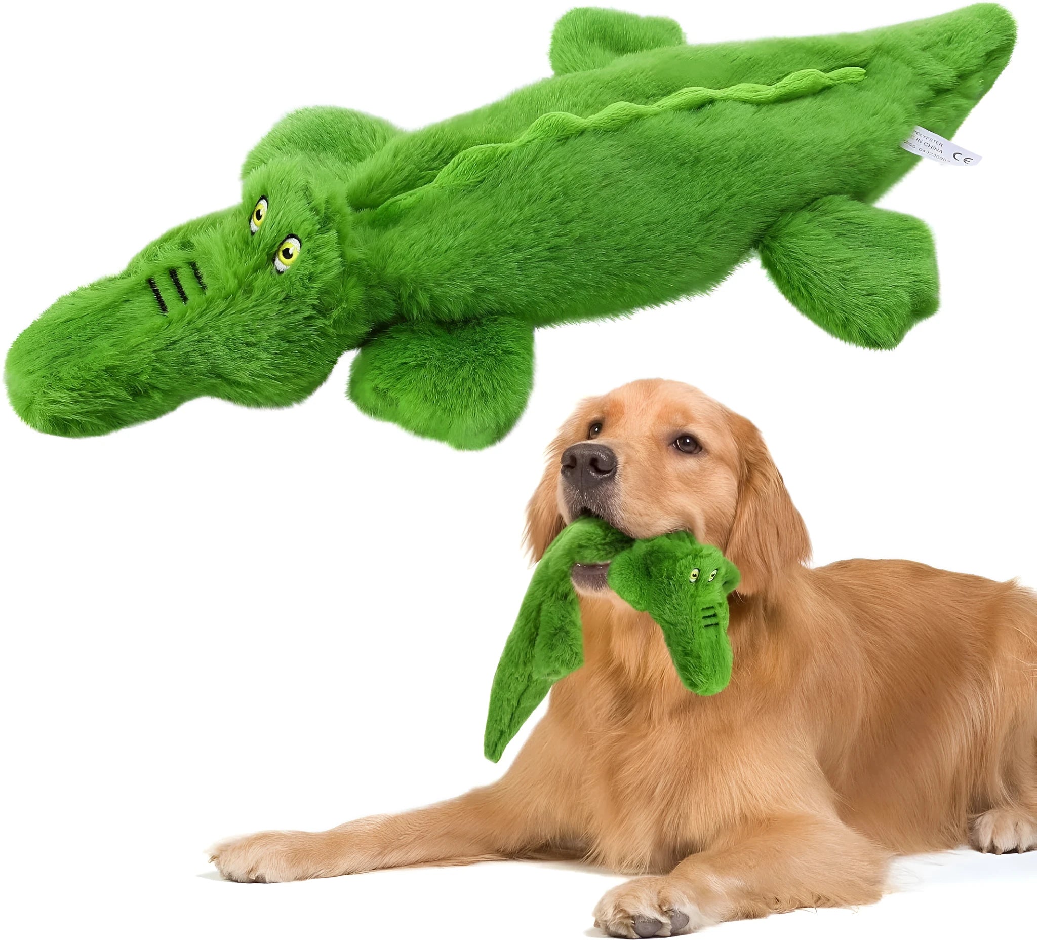 Green crocodile plush dog toy with no stuffing for aggressive chewers