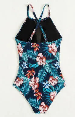 Women's deep V-neck one-piece swimsuit with a printing design