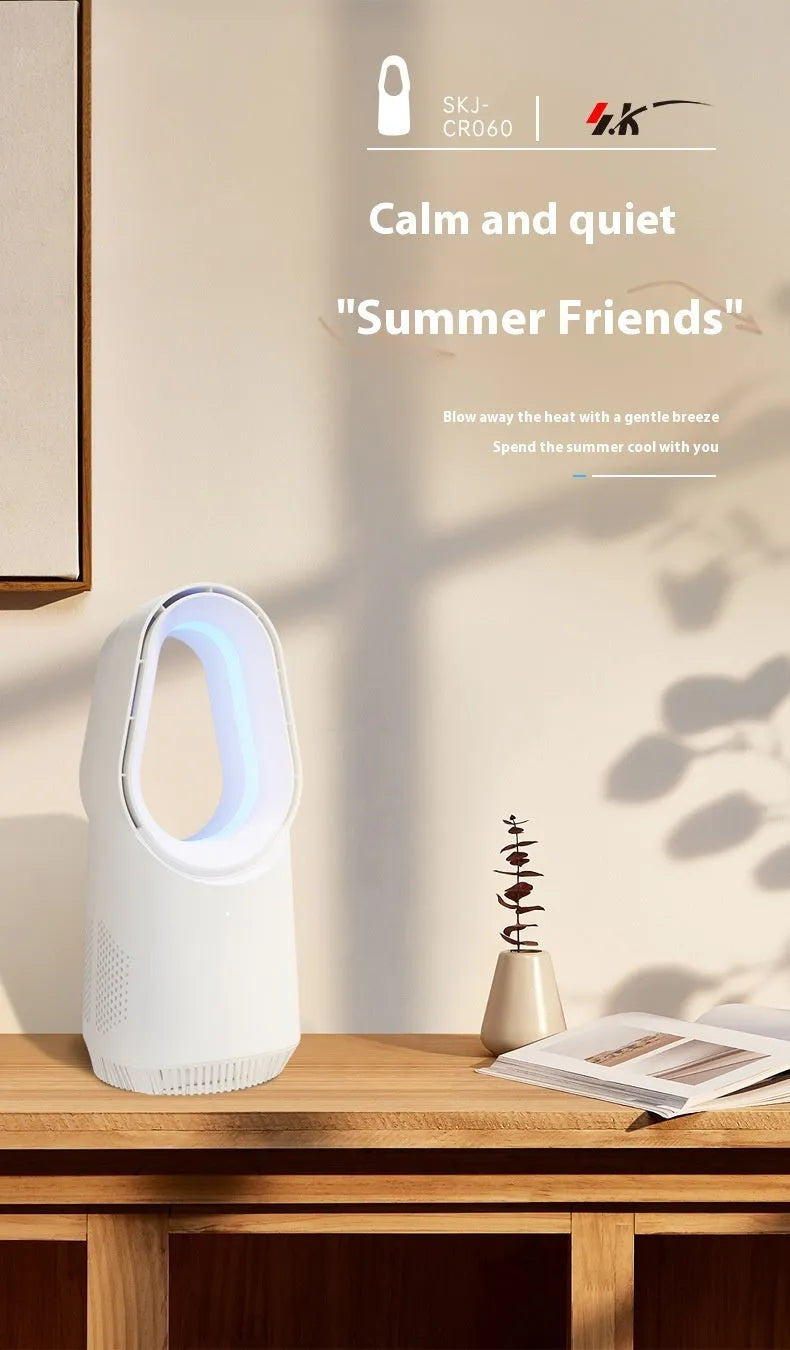 White bladeless tower fan with remote control and touch screen buttons