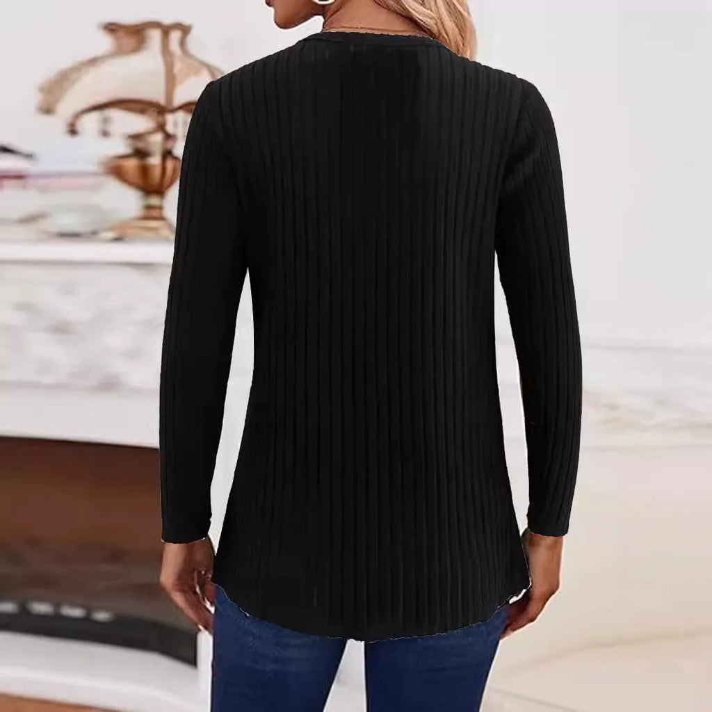 Solid colour button-front knitted sweater in black or grey green, casual pullover style