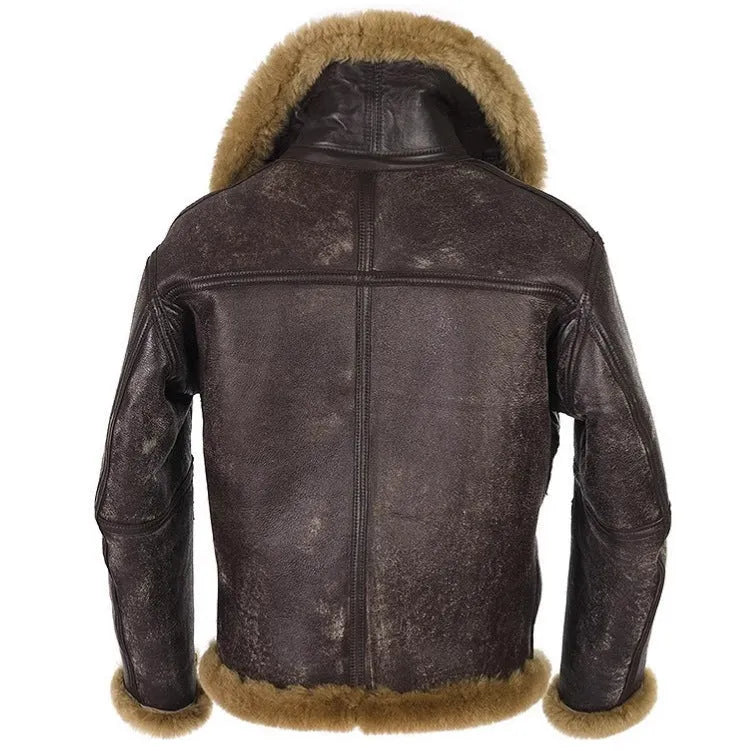 Men's black retro synthetic leather winter coat with straight hem and side pockets