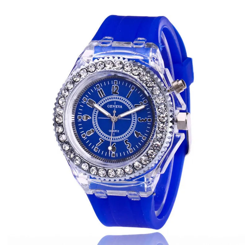 Geneva women's luminous quartz watch with round 43mm dial and silicone bracelet
