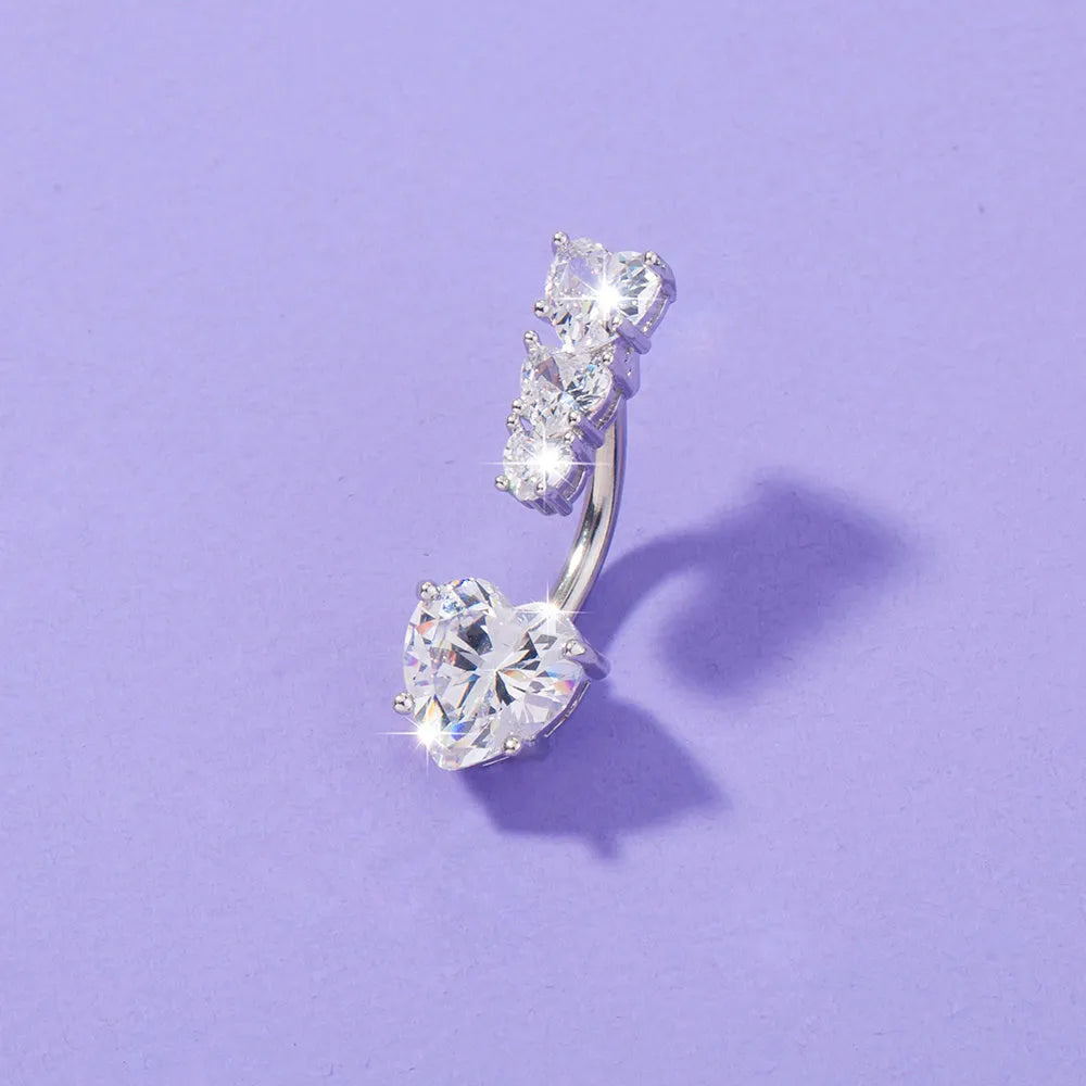 Stainless steel heart-to-heart navel pin with copper zircon and electroplated finish, 0.9cm by 2.3cm