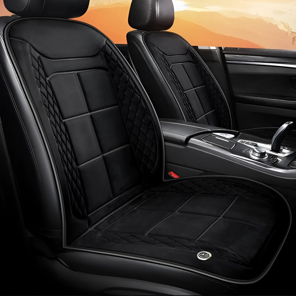 Car seat heating cushion with auto function shown in beige, black, and coffee colour options