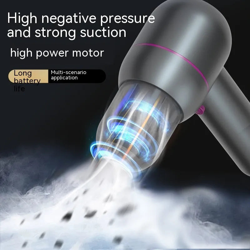XC-06 grey handheld portable car vacuum cleaner and inflator with brush and extended nozzles.