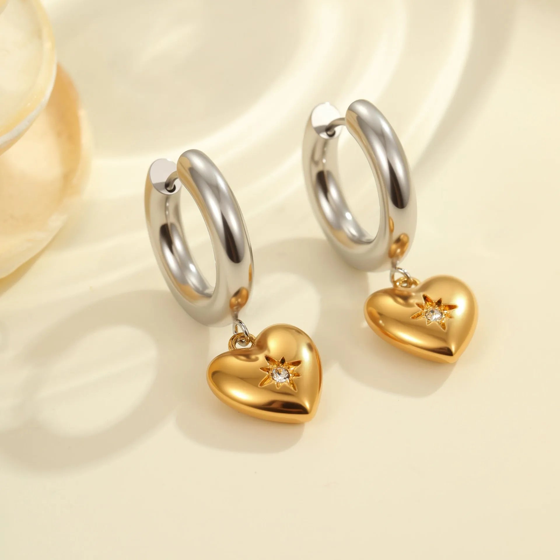 Christmas tree stainless steel earrings with 18K gold electroplating in heart, star, and geometric shapes