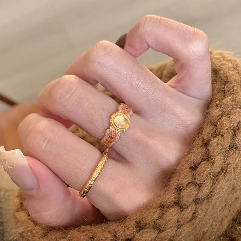 Open mouth adjustable copper ring with geometric design and pink crystal enamel decoration for women