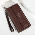 Men's black PU leather long wallet with multiple card slots, shown open.