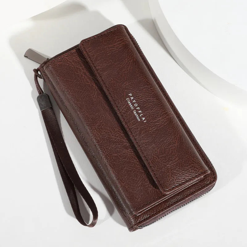 Men's black PU leather long wallet with multiple card slots, shown open.
