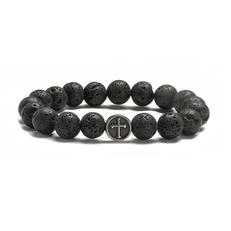 Geometric volcanic agate stone bracelet with 10mm beads and stainless steel clasp, showing natural lava-like patterning