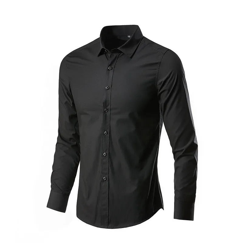 Men's long-sleeve linen shirt in a slim, loose fit on a hanger