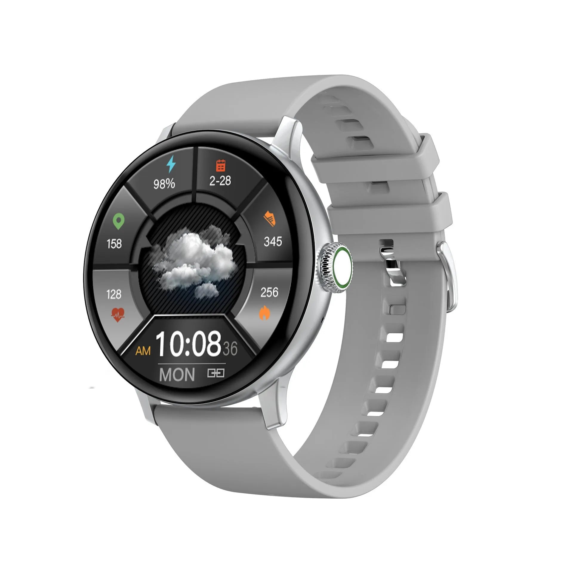 Bluetooth smart bracelet with call function showing its 1.2-inch screen on a wrist, with magnetic charger and spare strap.