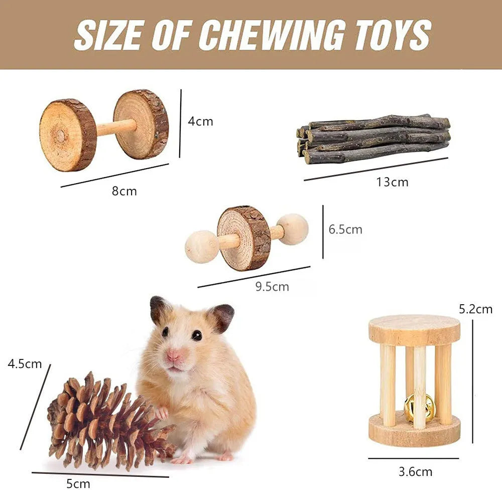 Wooden pet toy set with various components for rabbits, guinea pigs, and parrots