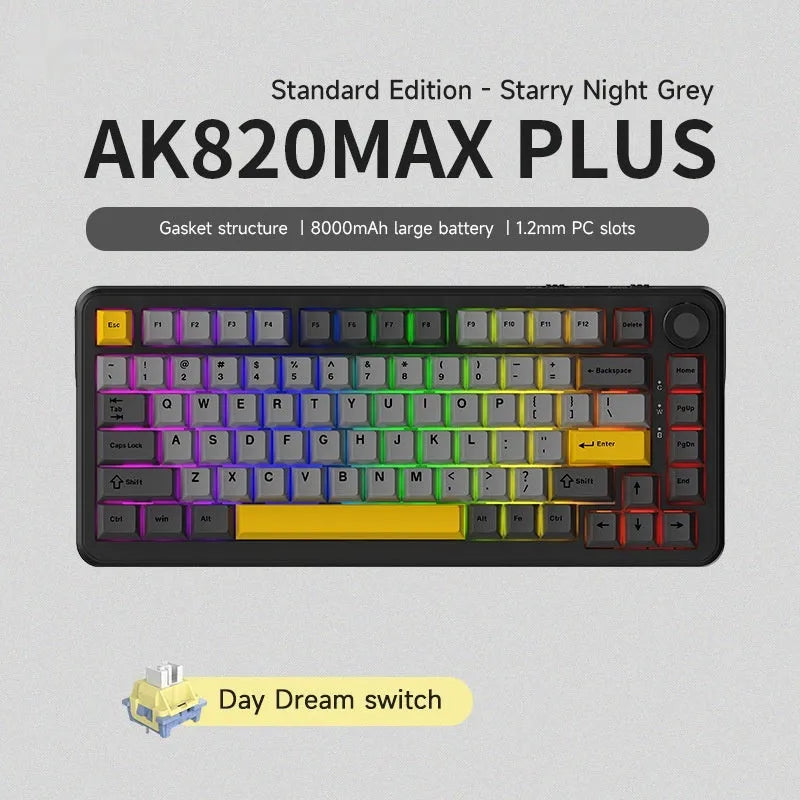 Black, grey and yellow wireless mechanical keyboard with compact 68-key layout and hot-swappable switches