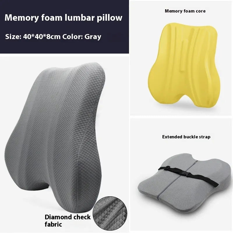 Grey contoured lumbar support pillow for office chair, showing 40x40x8cm dimensions.
