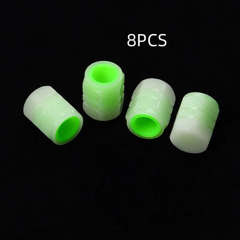 Car luminous rubber valve caps showing glow-in-the-dark feature and 16mm x 12mm size