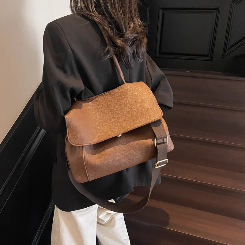 Vintage PU leather tote bag with adjustable double straps in horizontal square shape
