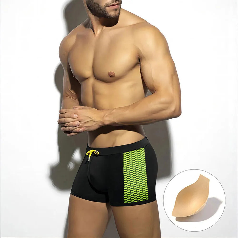 Men's polka dot print swimming boxers in quick-drying nylon fabric.