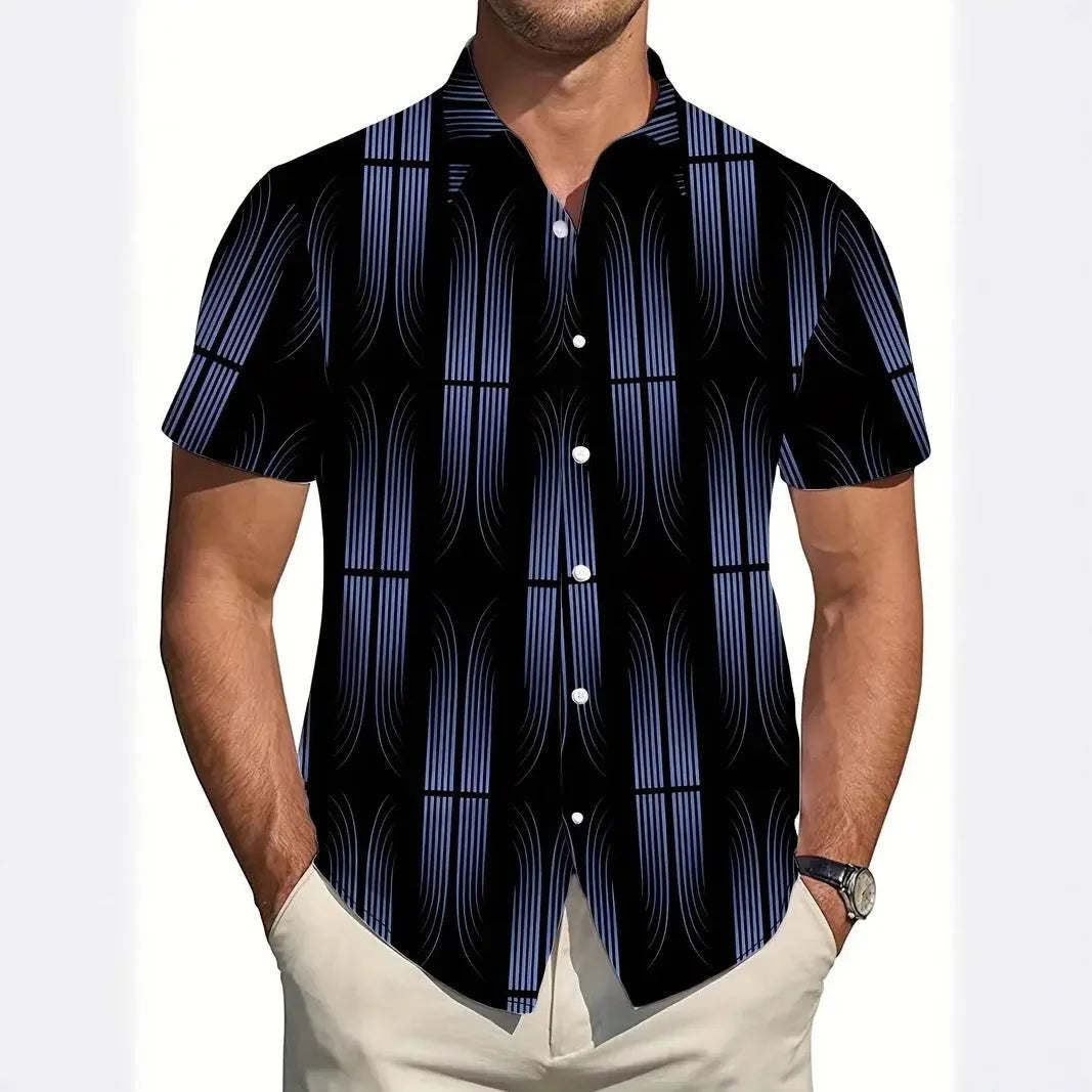 Men's geometric line pattern printed shirt with lapel collar and short sleeves in slim fit