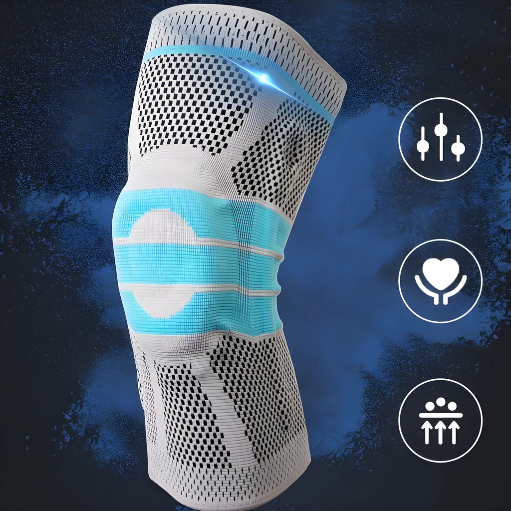 Sky blue elastic fibre knee pad for sports, shown in size S, M, L, or XL.