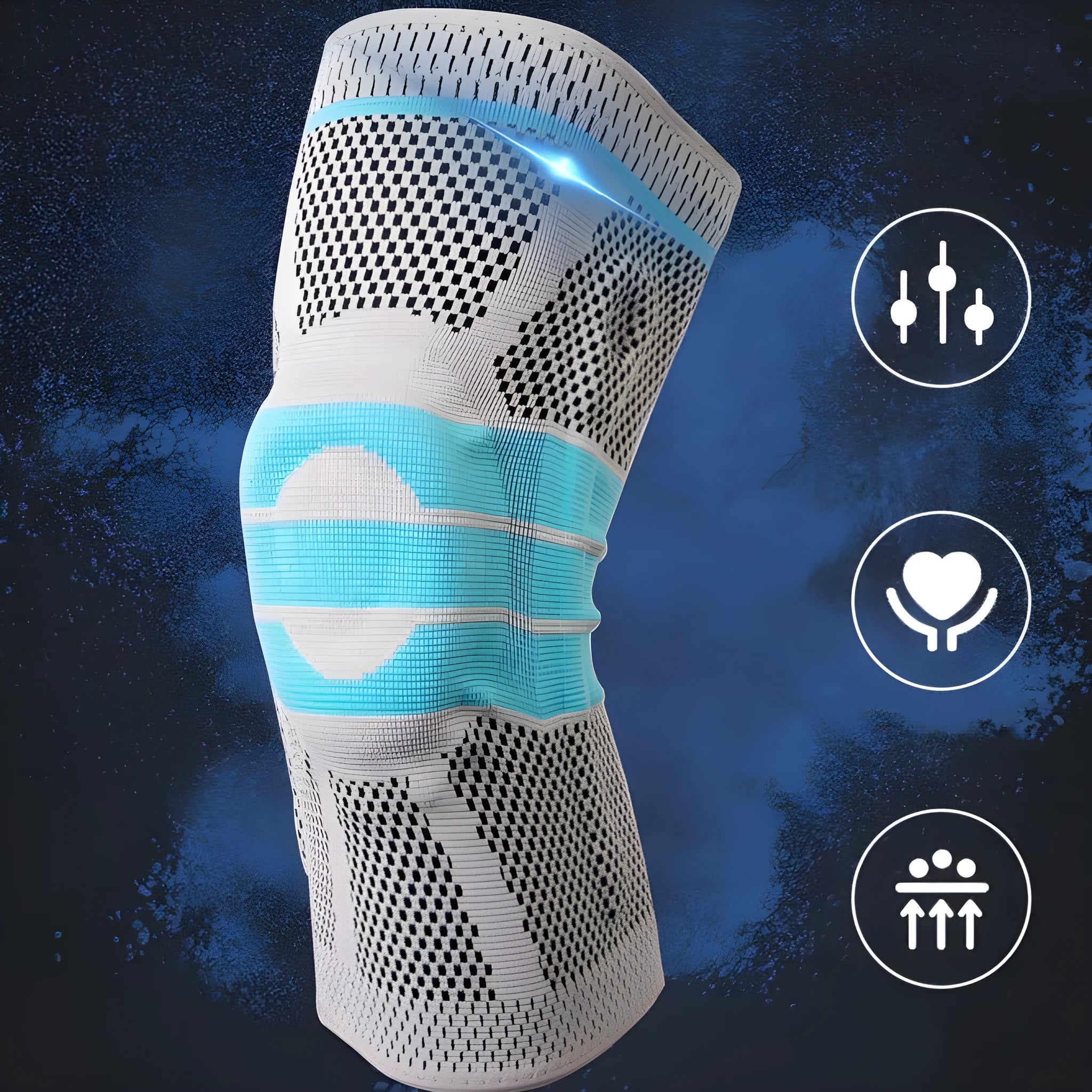Sky blue elastic fibre knee pad for sports, shown in size S, M, L, or XL.