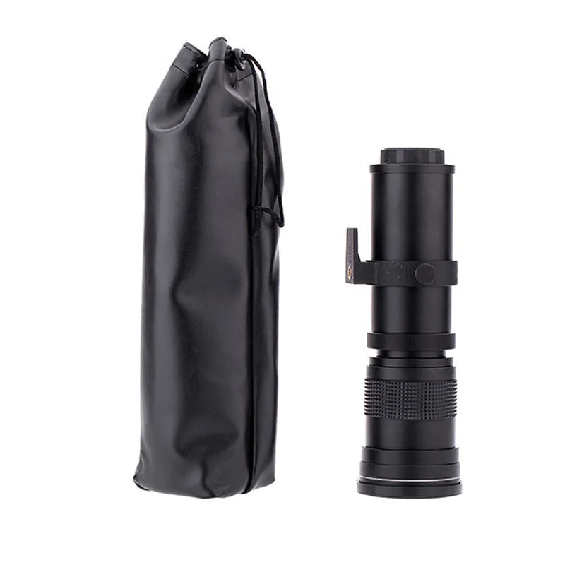Manual 420-800mm zoom adapter lens with T-mount for full-frame cameras showing 67mm filter thread