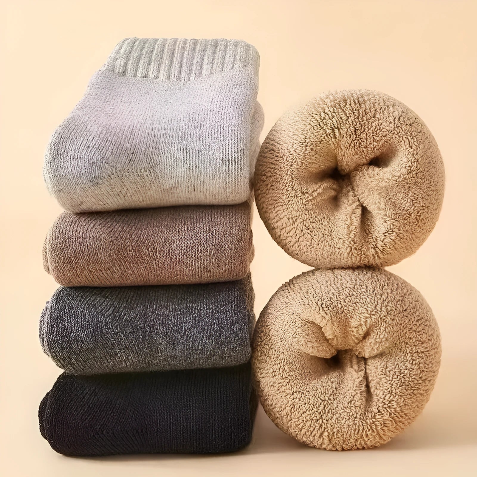 Two pairs of thick solid-colour winter wool socks with a merino wool midsole.