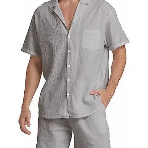 Men's flax short-sleeved top and shorts suit in army green on a grey background.