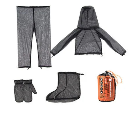 Four-piece anti mosquito suit set showing hooded top, trousers, and protective booties in mesh fabric