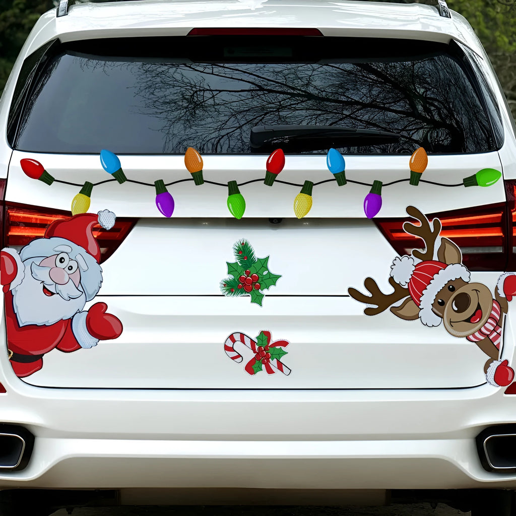 Christmas elk cartoon design reflective magnetic sticker on a metal surface.
