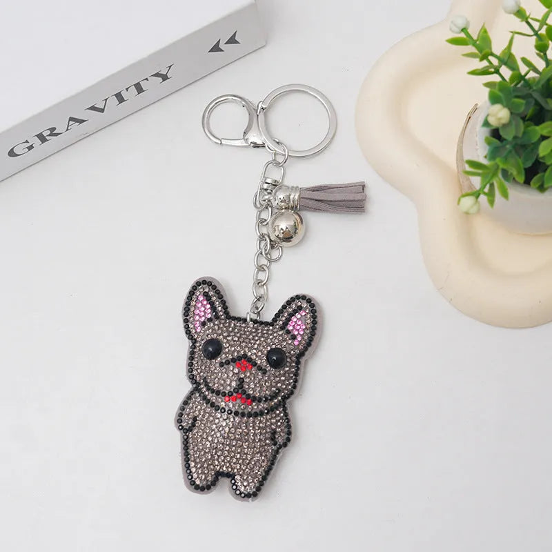 French dog rhinestone keychain pendant with cartoon animal design in alloy construction