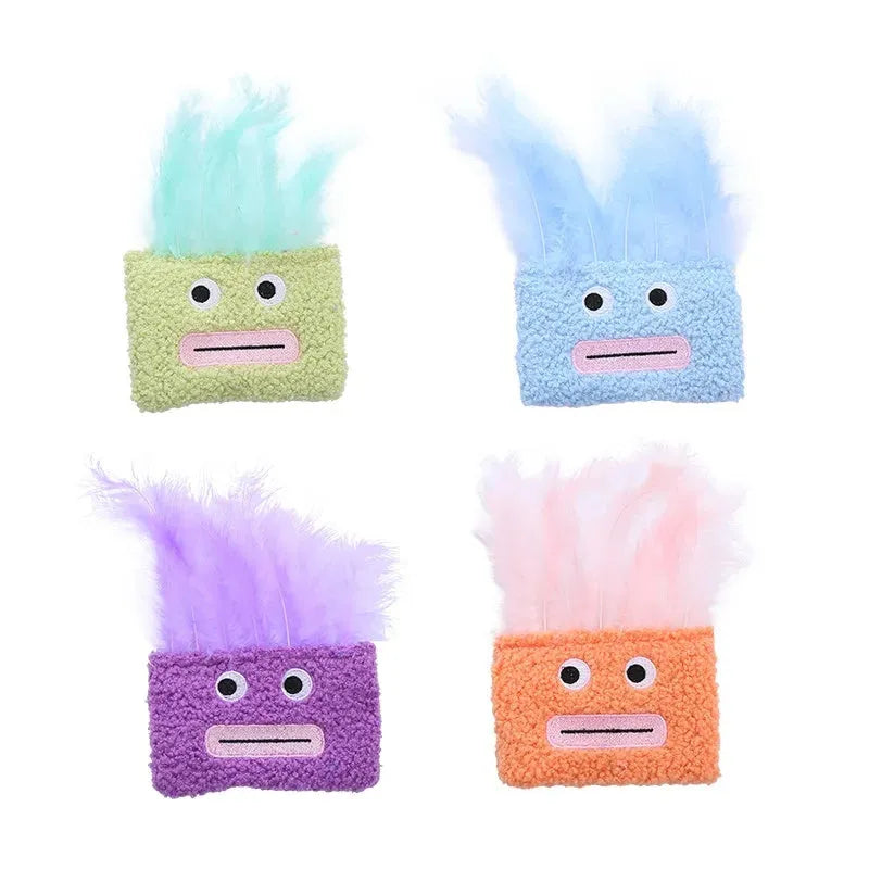 Colourful catnip plush toy with a big mouth explosion head shape in soft fabric