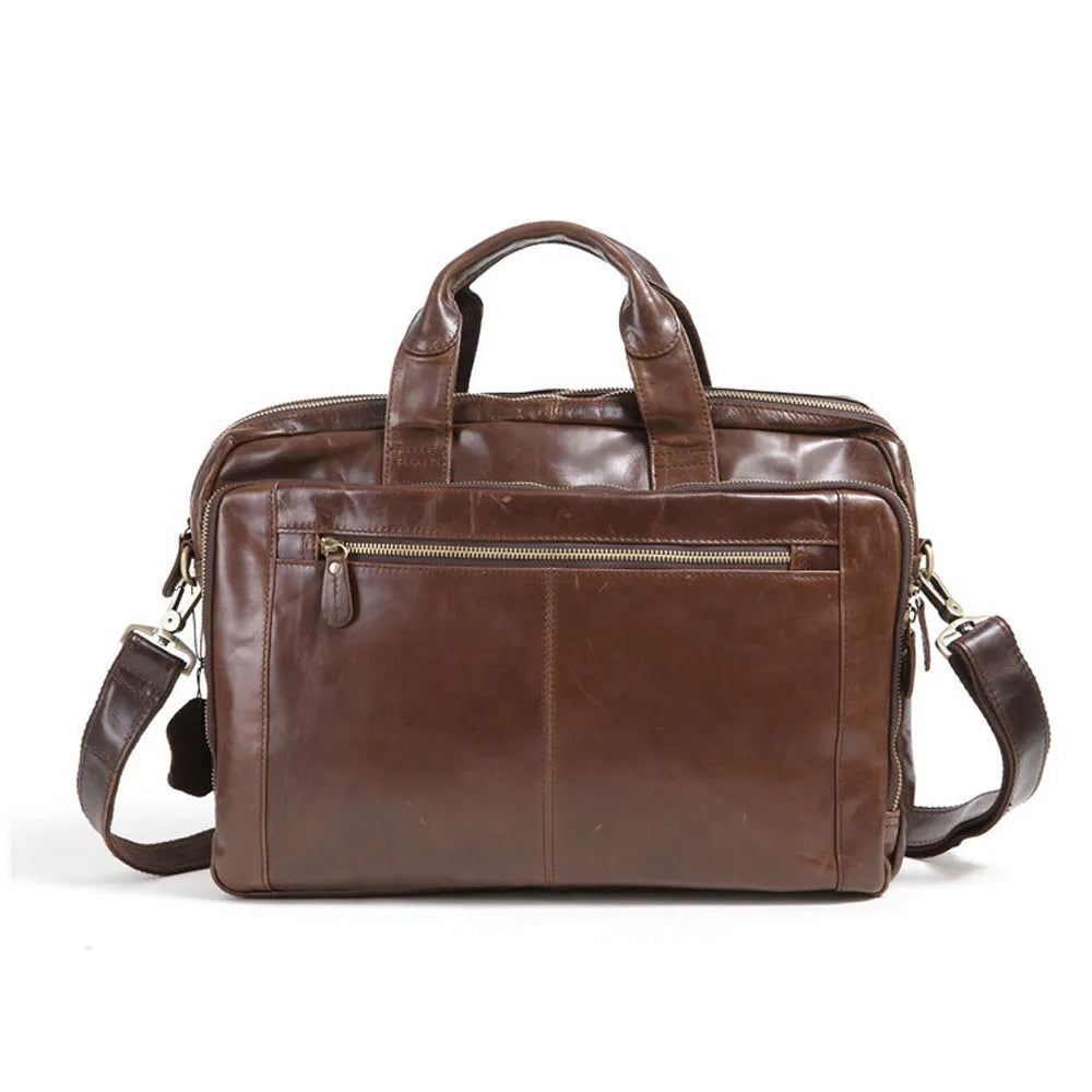 Brown cowhide leather business briefcase with 18-inch size for laptop and document organisation