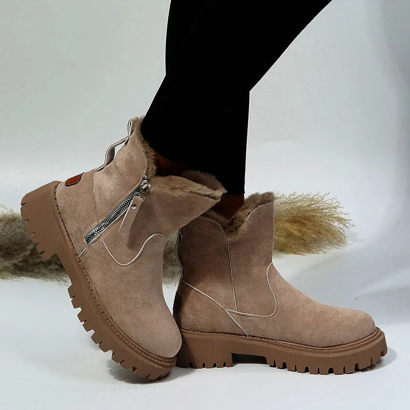 Women's black thick plush snow boots with side zipper and high top design.