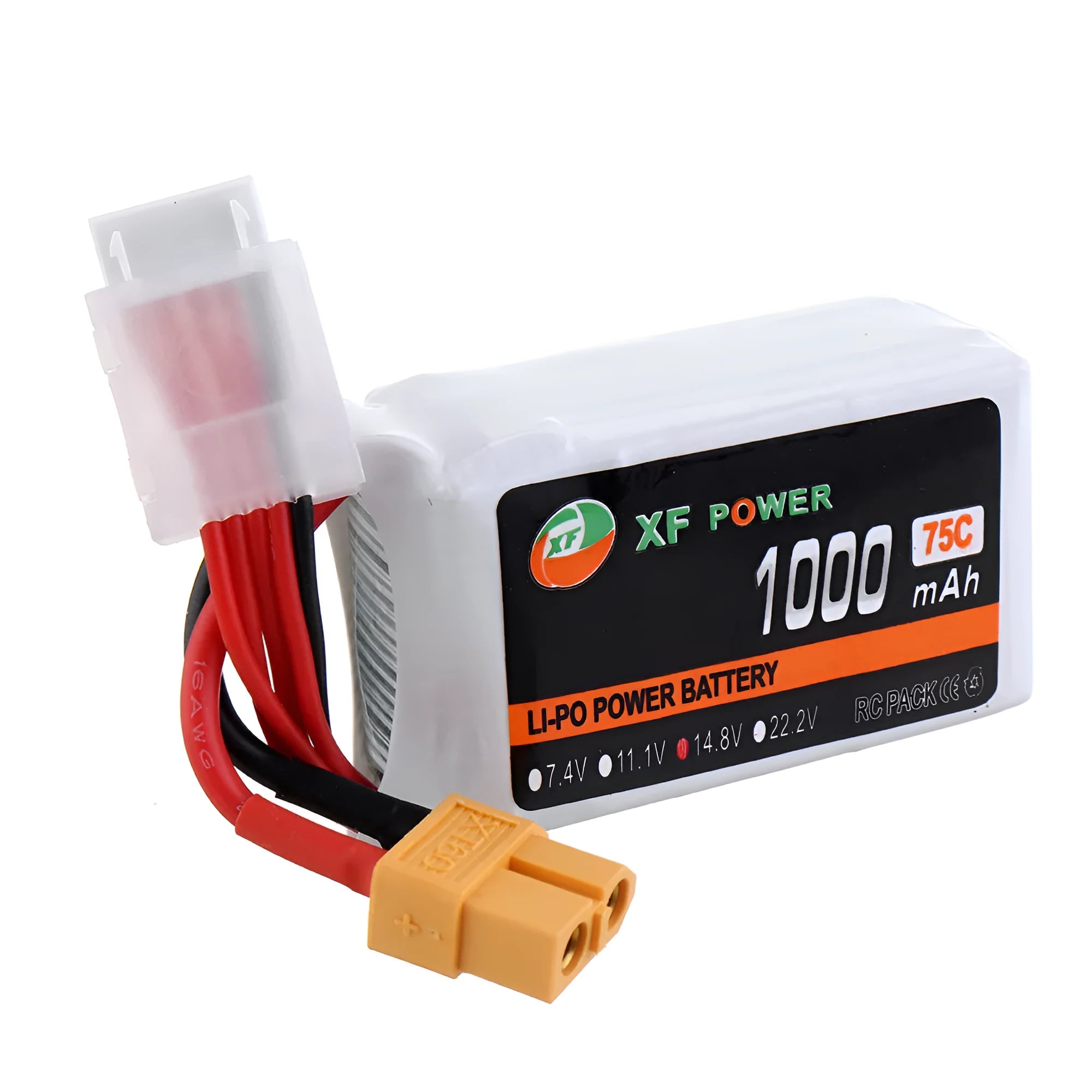 XF Power 14.8V 1000mAh 75C 4S lithium polymer drone battery with black XT60 plug.