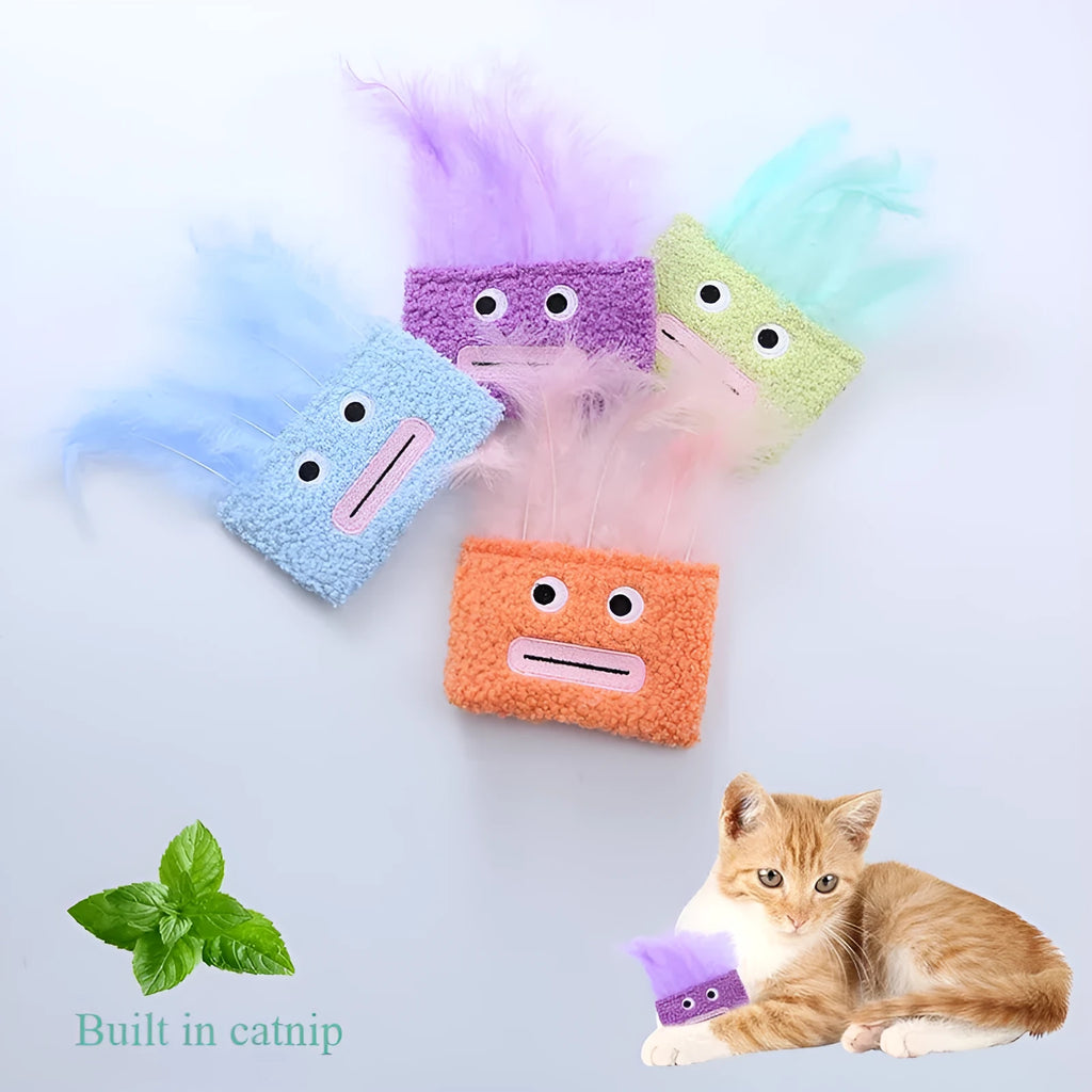 Colourful catnip plush toy with a big mouth explosion head shape in soft fabric