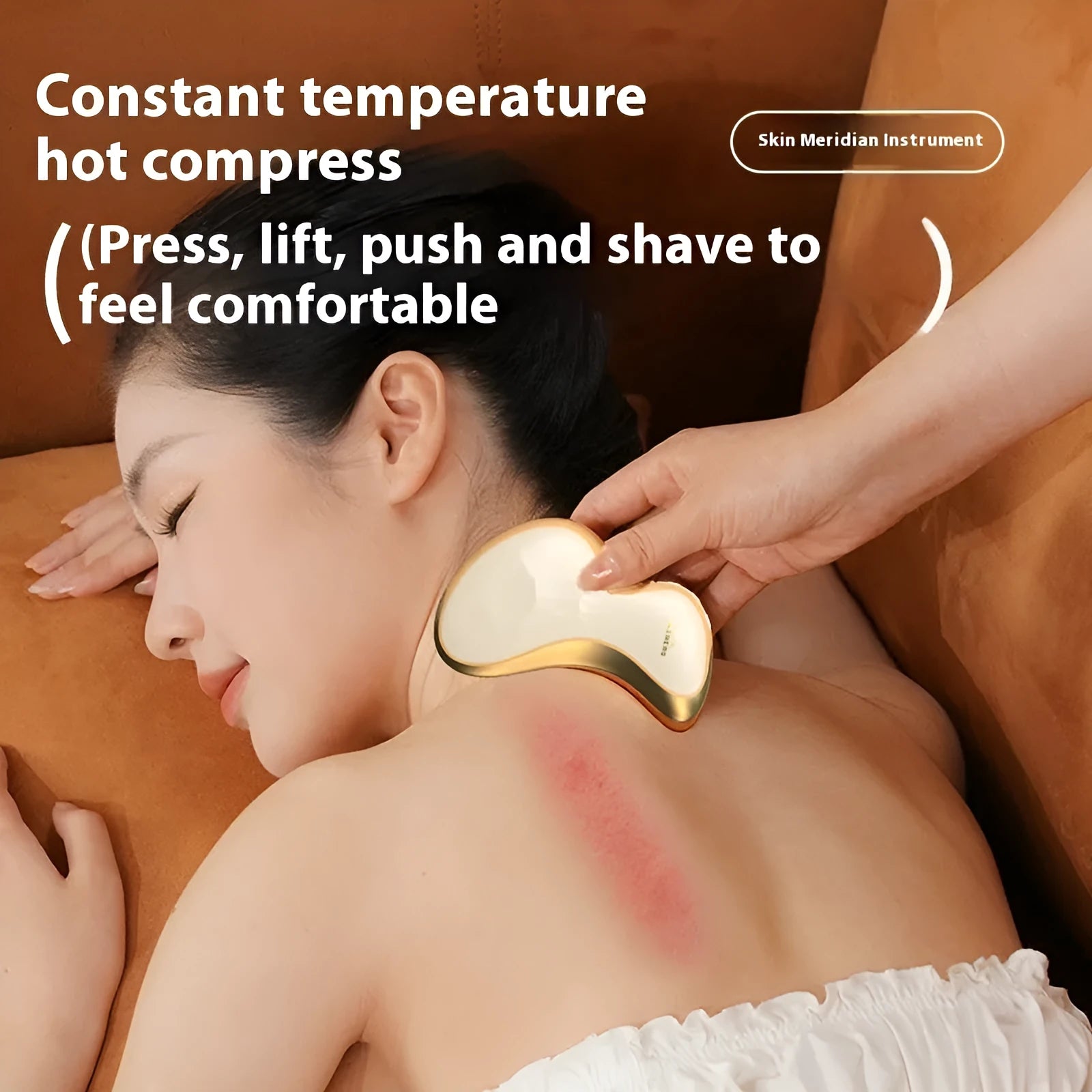 Golden yellow electric scraping plate with USB charging cable and vibration massage function