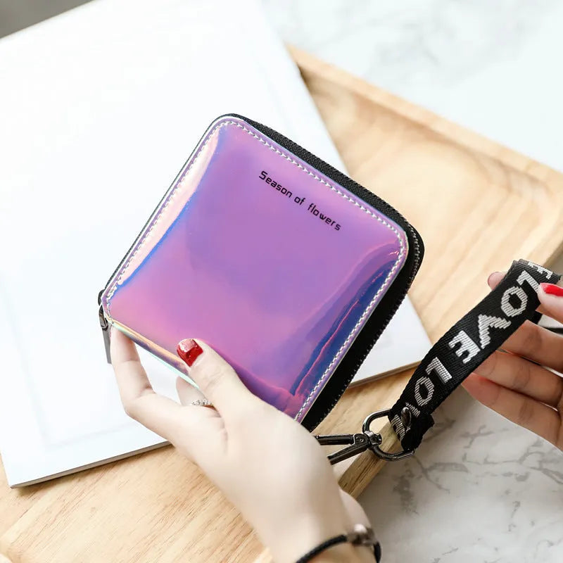 Women's short folding Korean style wallet in PU leather, shown in crystal blue, glitter, and green colours.