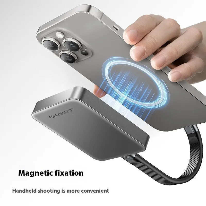 Grey ultra-thin magnetic mobile solid state drive with C to C cable and magnetic ring on packaging.